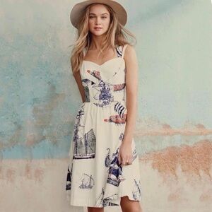 Anthropologie Cream Nautical Print Sundress with Navy & Orange Accents